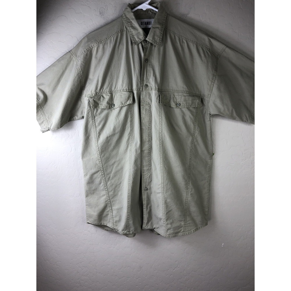 Vintage GITANO Mens M Camp‎ Button Front Short Sleeve Shirt Tan